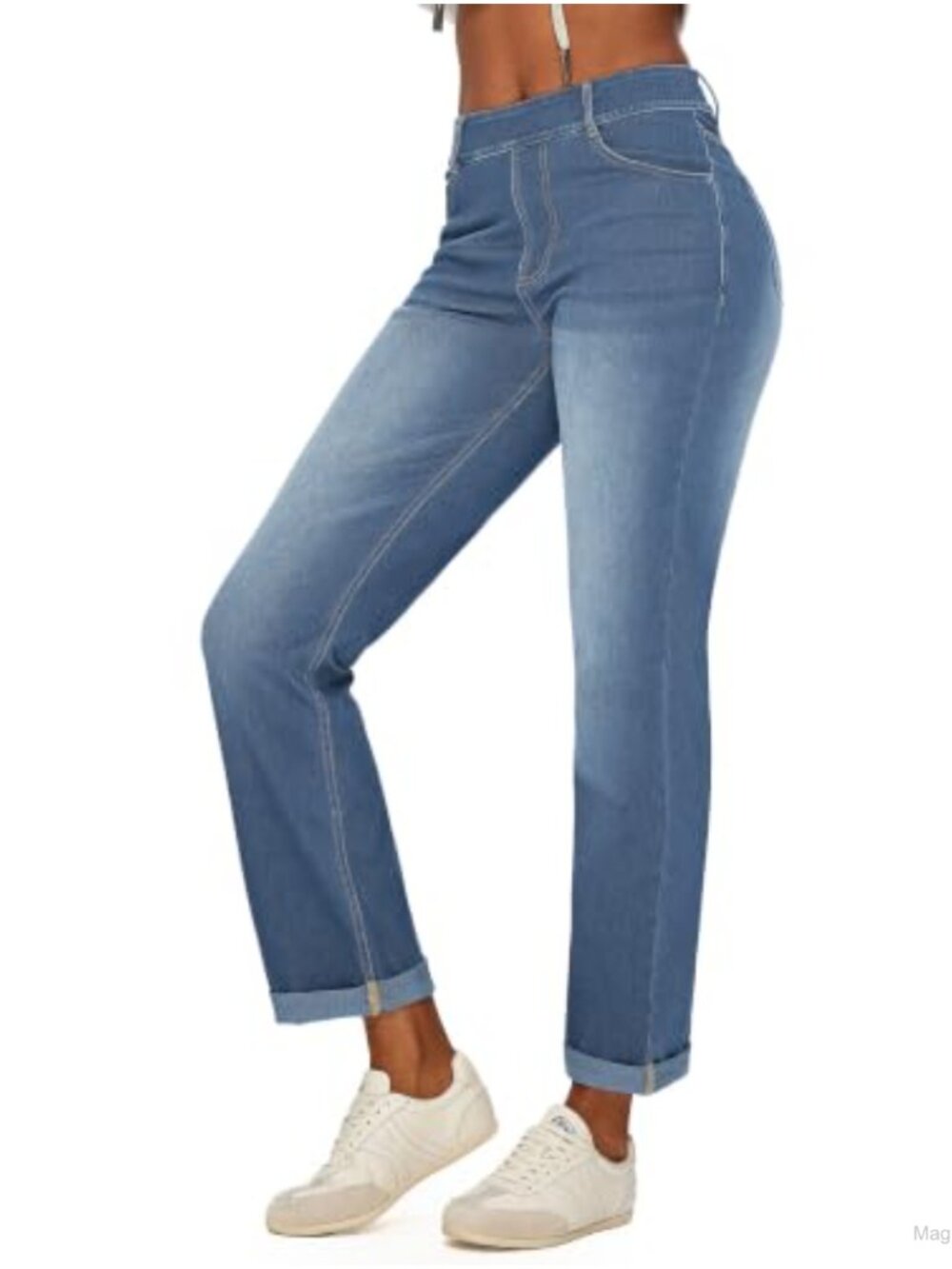 Stretchy Straight Leg Cuffed High Rise Pull On Jeans for Women